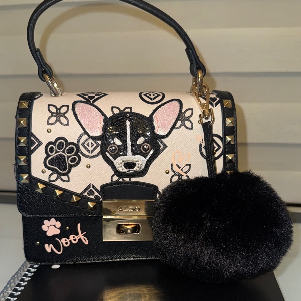 ALDO Pink and Black Dog Appliqué Satchel with Pom Keychain
